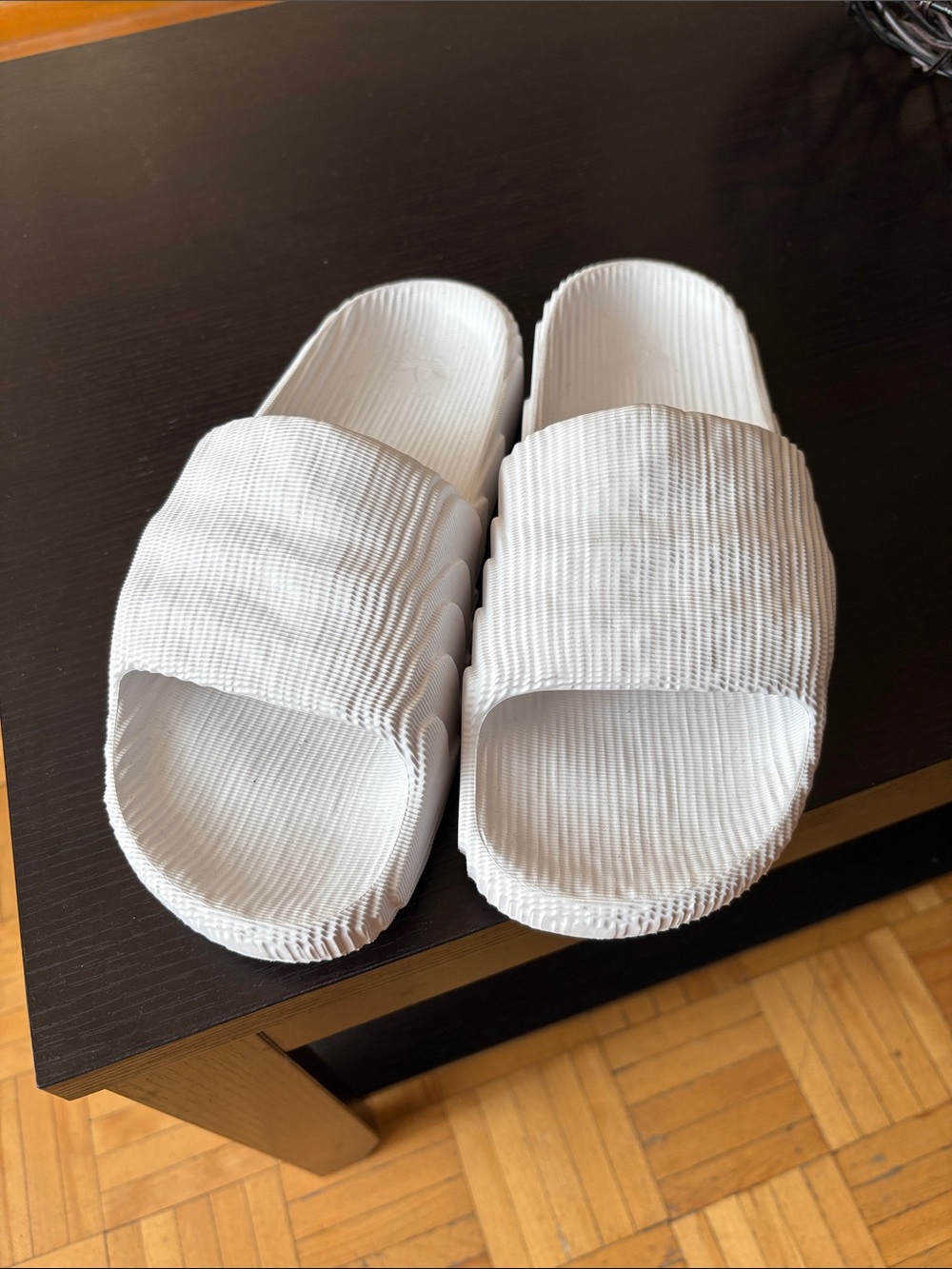 adidas White Ribbed Slide Sandals